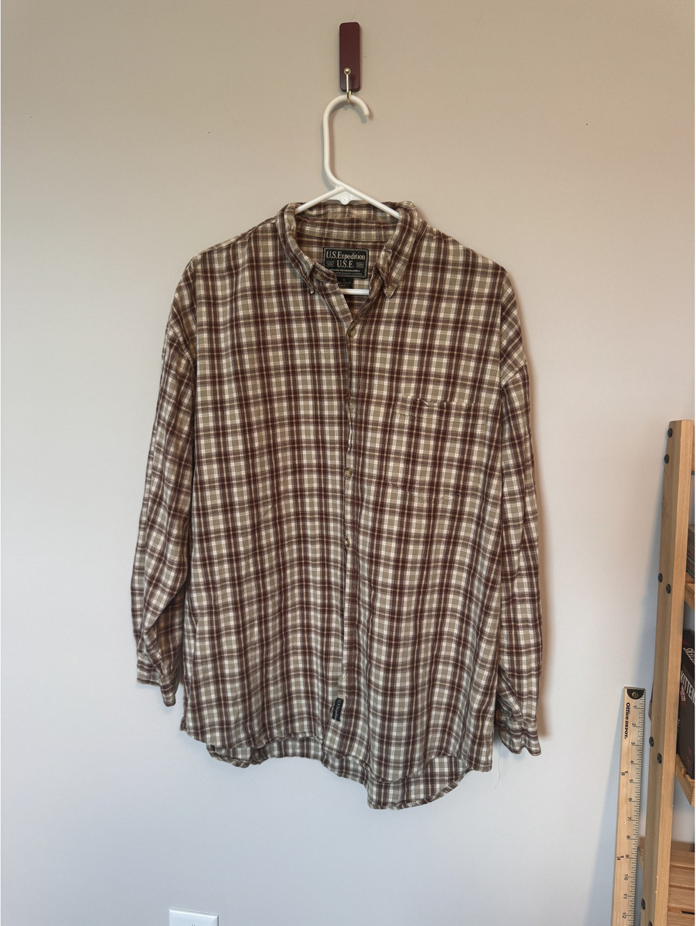 Men's VTG US Expedition Brown Tan Plaid Button Up Shirt Long Sleeve Size XL